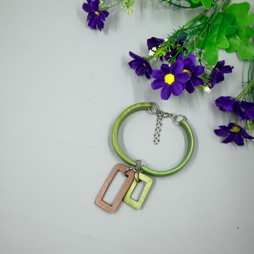 Green Genuine Wood Bangle with Rectangular Charms